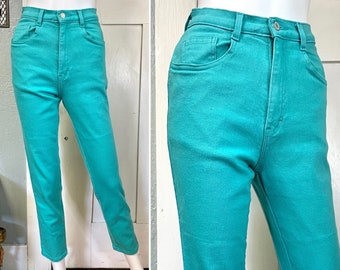 True Vintage 80s 90s Small Medium Jordache aqua turquoise high waist stretch denim Pants