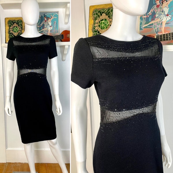 True Vintage 90s Small St John Evening by Marie Gray black illusion and knit dress