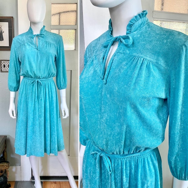 True Vintage 80s Small light turquoise elastic waist terry cloth Dress