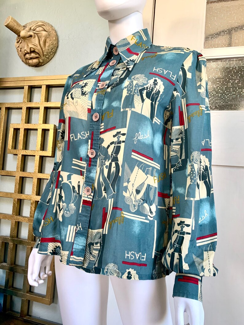 Vintage 70s Large Anette Flash novelty print Blouse image 4