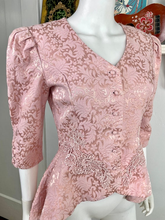 True Vintage 80s Small Medium rosy pink damask an… - image 5