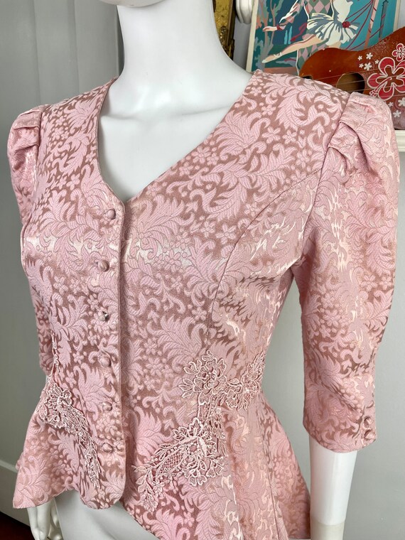 True Vintage 80s Small Medium rosy pink damask an… - image 8
