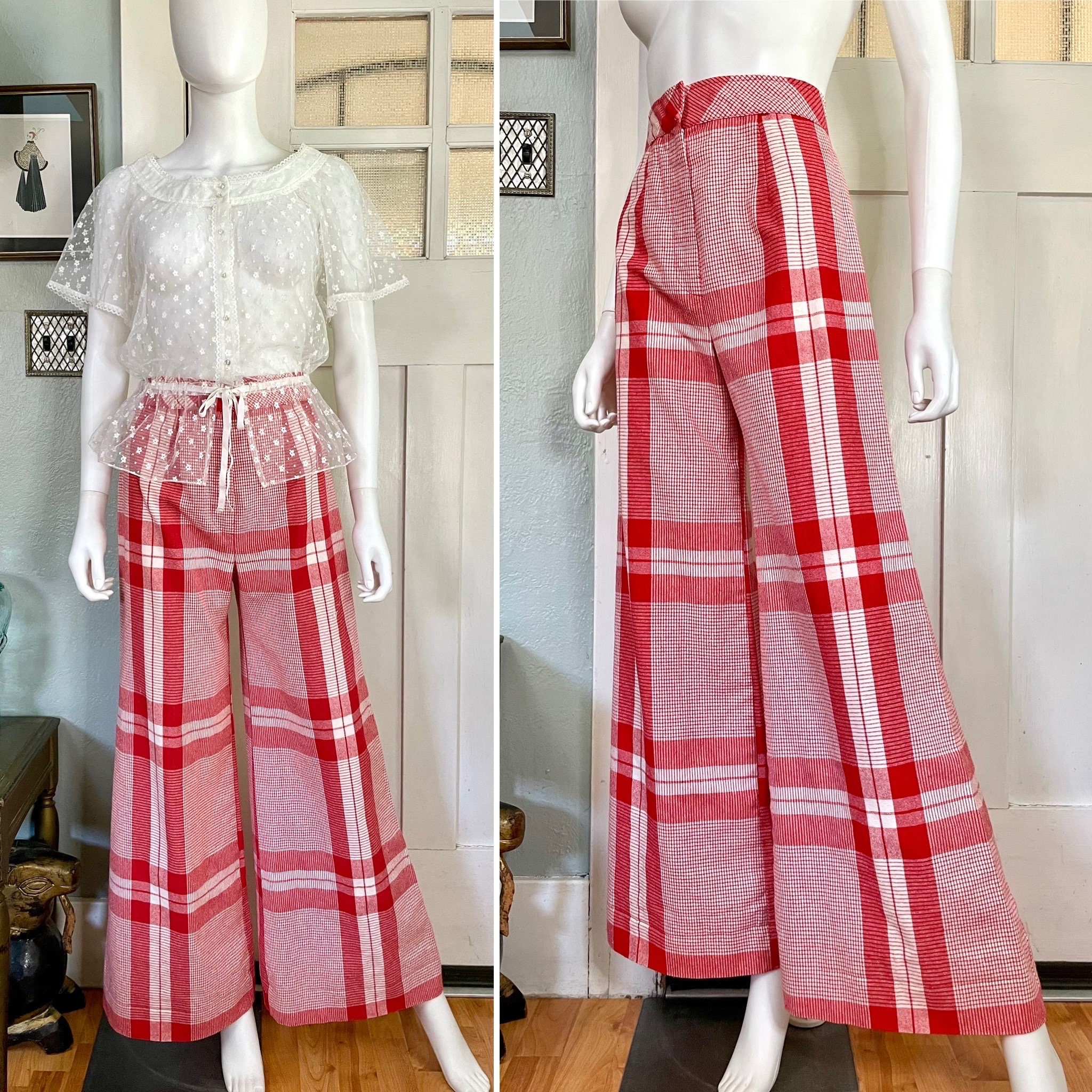 True Vintage 70s Small Bobbie Brooks Red and White Plaid Wide Leg Bell  Bottom Pants 