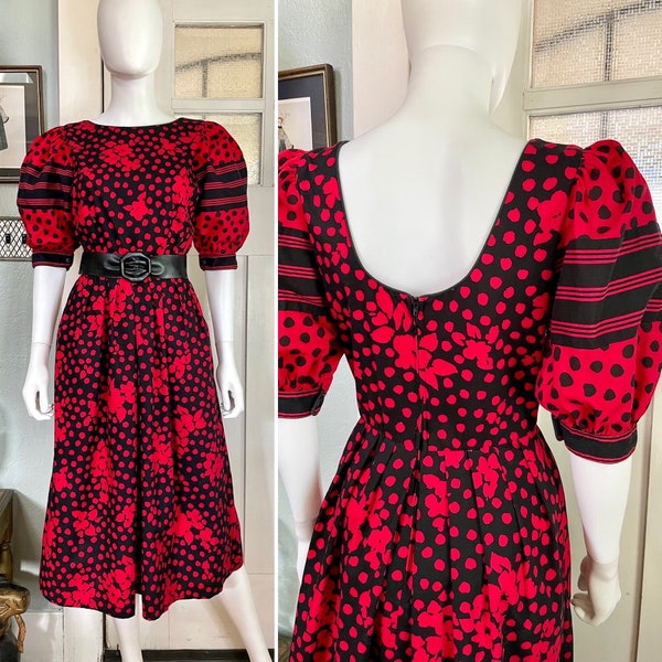 True Vintage 80s Small Petrina and Company red and black cotton puff sleeve Dress