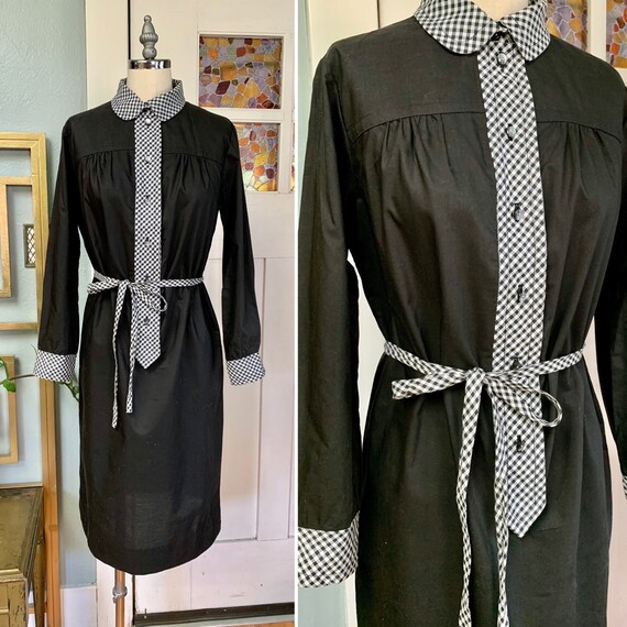 Vintage 60s Black Cotton with Gingham Shift Dress,