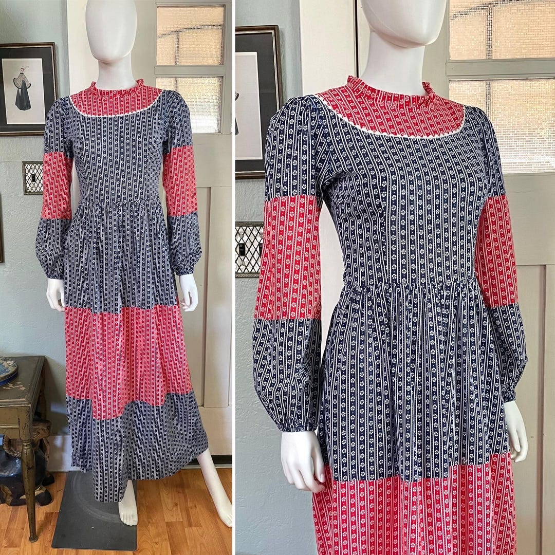 70年代ヴィンテージのスモールインドコットンブルーホワイトレッド