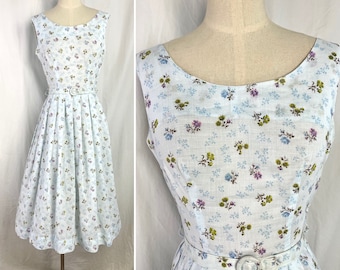 True Vintage 50s Small pale blue with floral print cotton belted sun dress