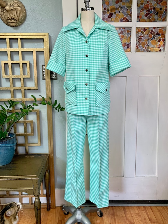 Vintage 70s Mint Green and White Gingham Poly Pant