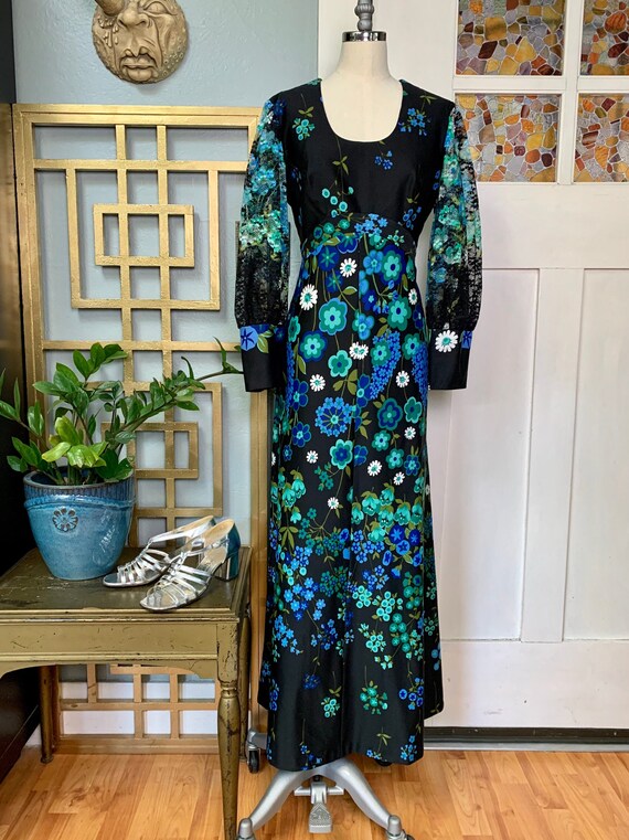 Vintage 70s Lace Sleeves Floral Maxi Dress, M