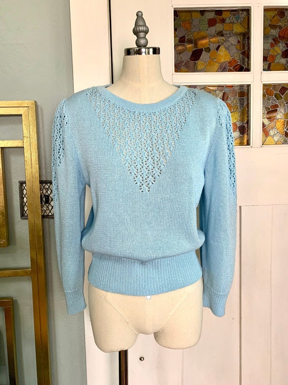 Vintage 70s Light Blue Puff Sleeve Sweater, S