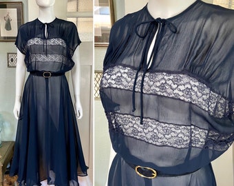 True Vintage 50s Medium dark blue sheer chiffon and lace dress