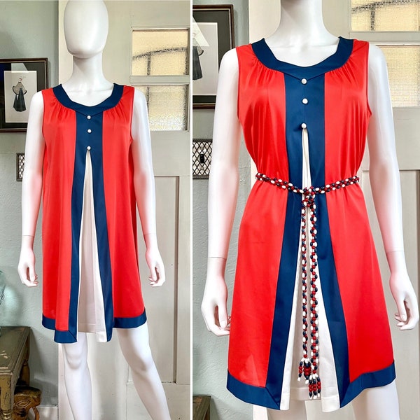 True Vintage 60s Medium White blue and red short mod nightgown
