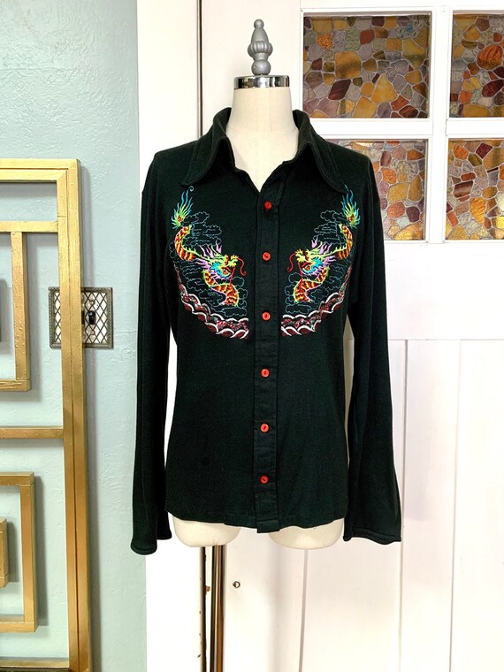 Vintage 70s Dragon Embroidery Cotton Dagger Collar