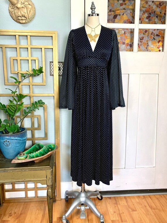 Vintage 70s Black with White Polka Dot Dress, S