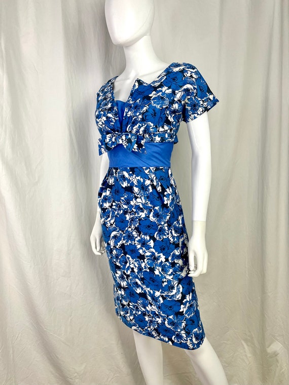 True Vintage 50s XSmall blue floral cotton wiggle… - image 4