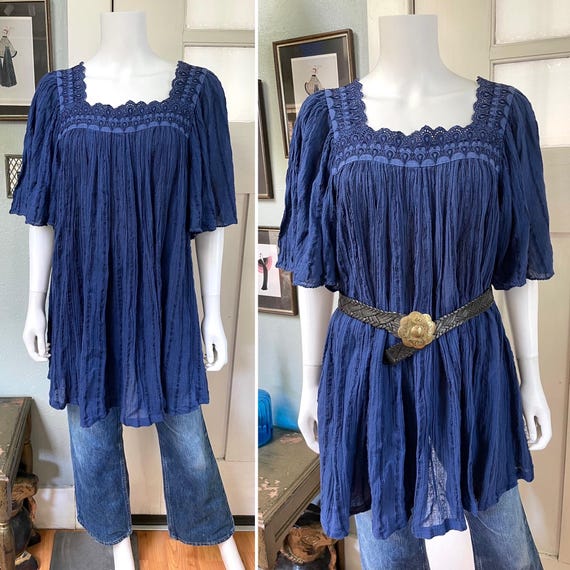 Vintage 80s Medium Large made in Greece dark blue cotton angel sleeve tunic mini Dress