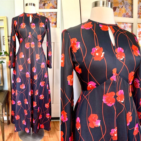 Vintage 70s Black Floral Print Maxi Dress, Curvy,