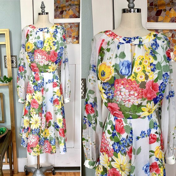 Vintage 70s Cotton Voile Garden Party Dress, S