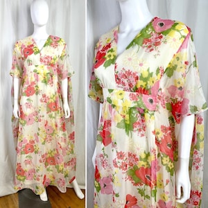 Vintage 70er Jahre Small At Home Wear Sears Chiffon Kaftan Maxi Kleid mit Blumenprint