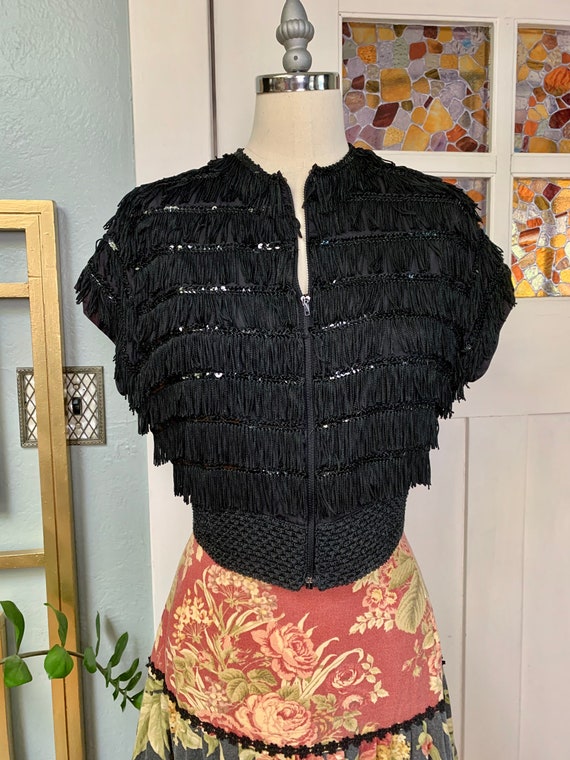 Vintage 40s Black Rayon and Fringe Bolero Jacket,