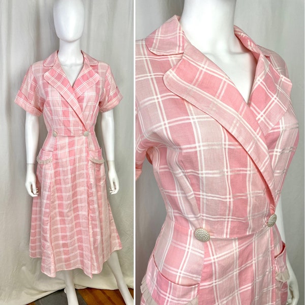 True Vintage 50s Small Clock Fashions pink and white plaid wrapper house dress