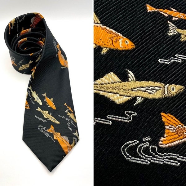 Vintage 70s Wemlon by Wembley orange, yellow and white salmon carp on black wide necktie