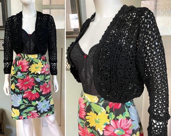 Vintage 90s XSmall Small Contempo Casuals black cotton crochet bolero cardigan