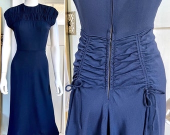 True Vintage 40s Small Original Mary Muffet Navy blue rayon fishtail and drawstring Dress