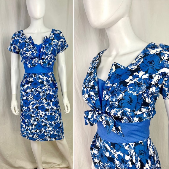 True Vintage 50s XSmall blue floral cotton wiggle… - image 1