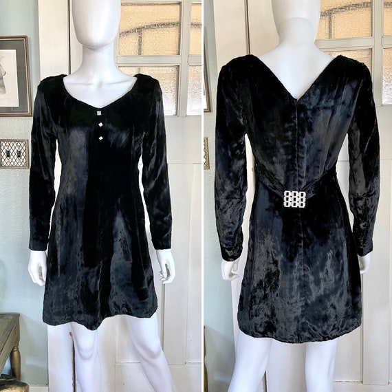 True Vintage 60s Small Black Faux Fur Mini Dress - image 1