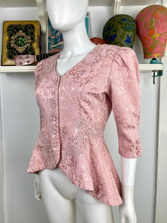 True Vintage 80s Small Medium rosy pink damask an… - image 4