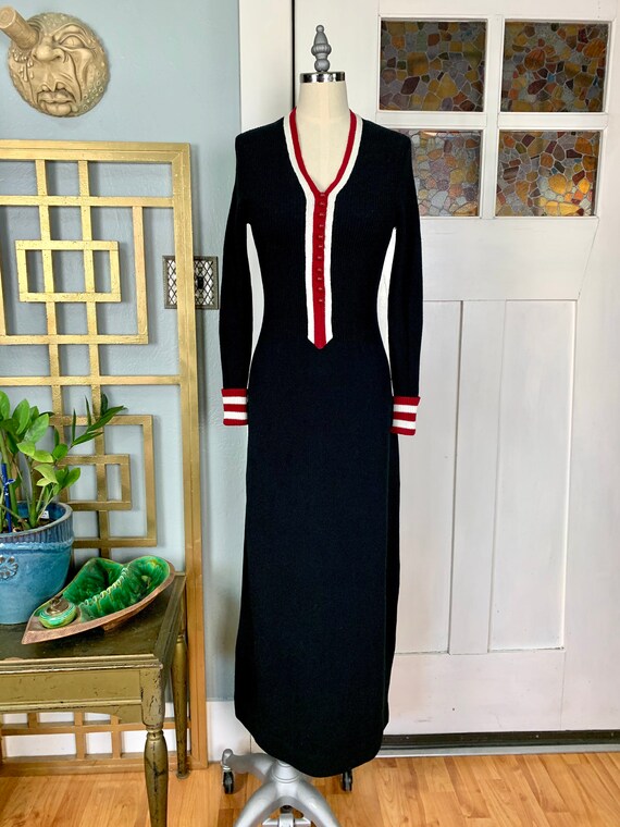 Vintage 70s Ribbed Sweater Knit Black Maxi Dress,