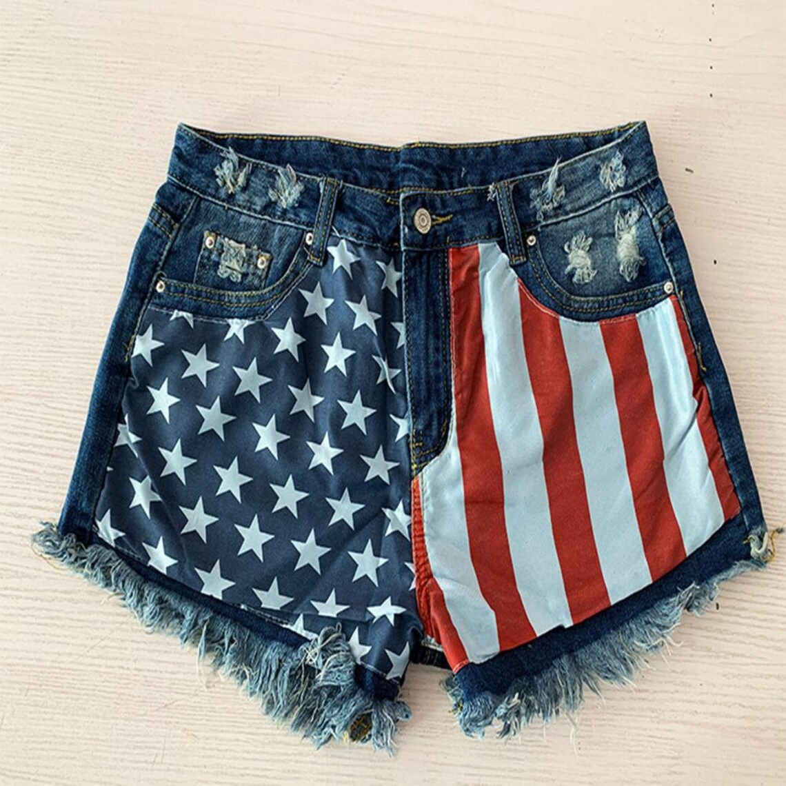 Women Denim Shorts High Waist Skinny American Flag Print Jeans Etsy