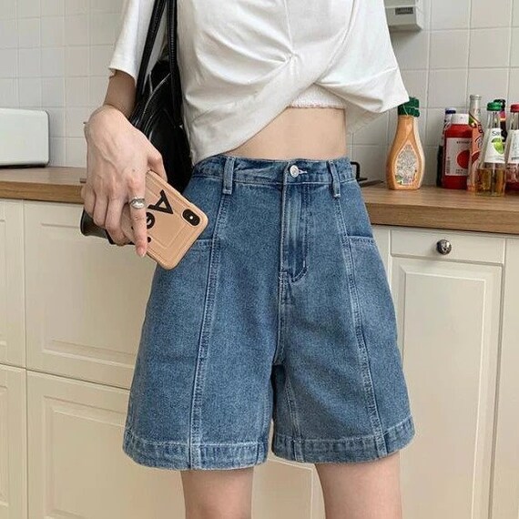 Women Denim Shorts Solid Vintage Knee-length Spliced Design - Etsy