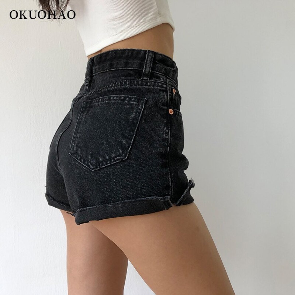 High Waist Slim Denim Shorts Black Plus Size Woman New Fashion Etsy