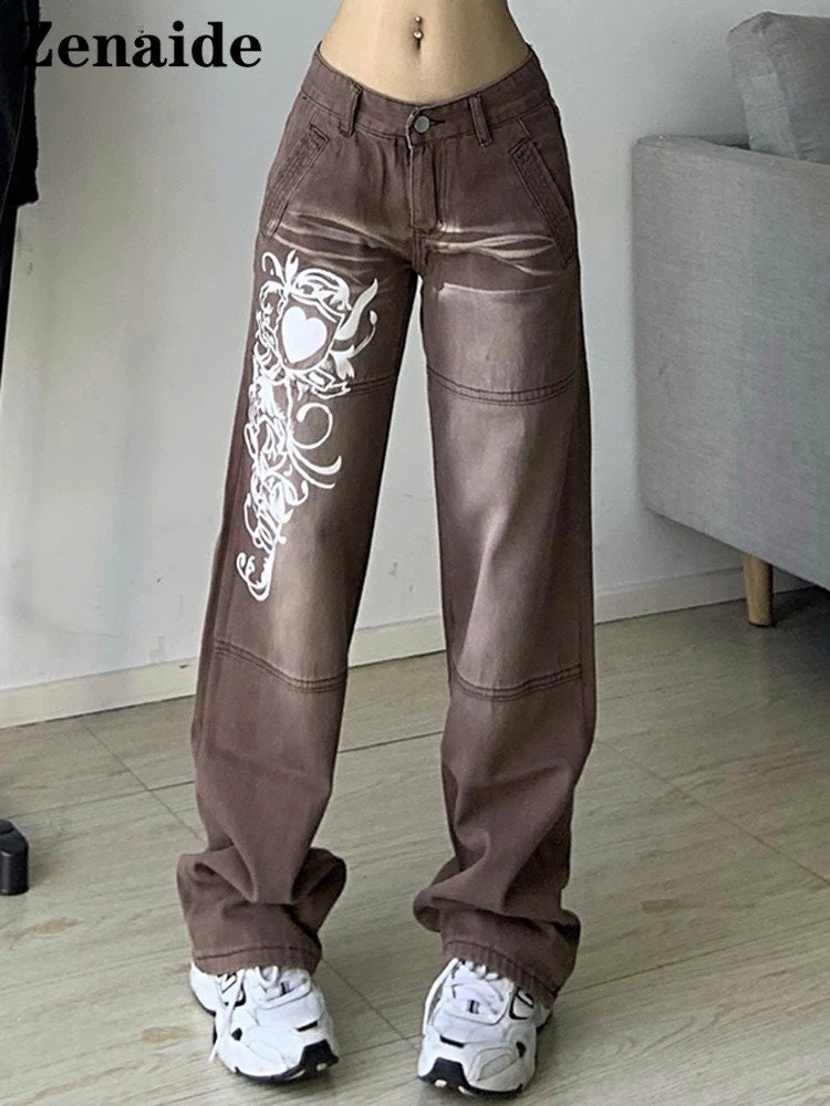 Zenaide Gothic Print Baggy Jeans Y2K Autumn Low Rise Trousers - Etsy Canada
