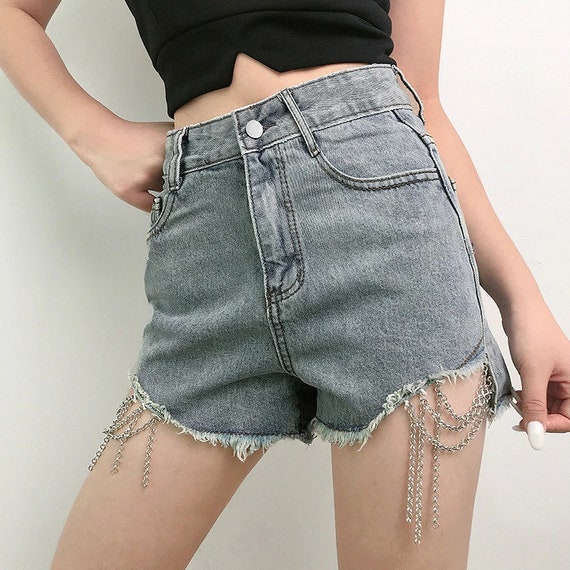 SEASONS Blue Denim Short Pants Women With Chains Casual High Waist Shorts  Ladies Irregular Hot Jeans Shorts Summer Assh81105jean Shorts 