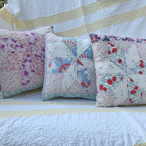 Vintage Quilt Throw Pillow/Quilt Pillow/Handmade 1930s Quilt Pillow/Floral Granny Chic Quilt Throw Pillow/Cottage Quilt Pillow/Farm House