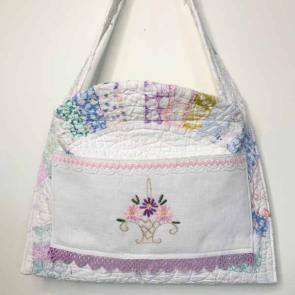 Quilted  Wall Pocket Bag/Peg Hanger Quilted Bag with Vintage Linen Embroidery/Repurposed Vintage Quilt Gathering Bag/Vintage Quilt Piece