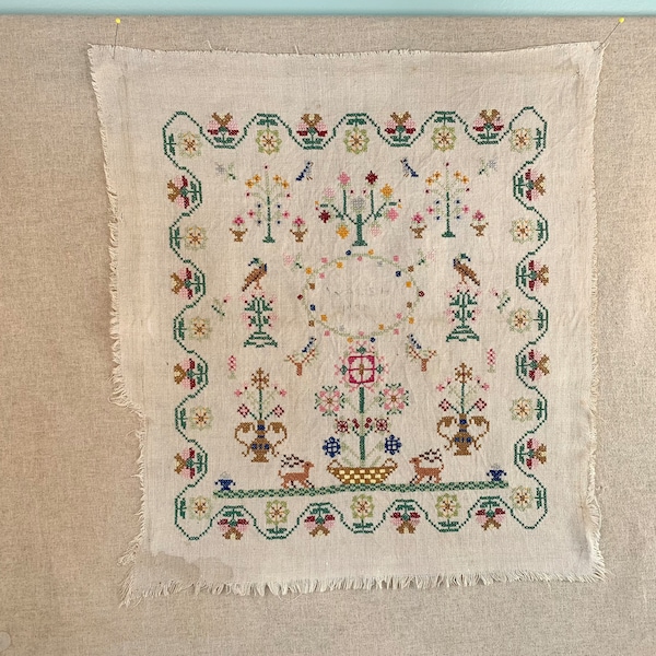 Large Vintage Linen Sampler Folk Art Motif/Folk Art Embroidered Sampler on Vintage Linen/Antique Linen Sampler Style Gallery Wall