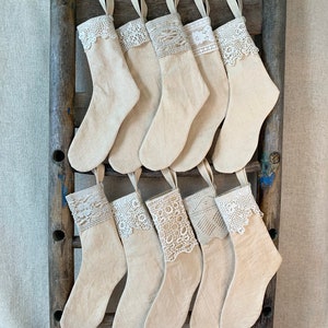Christmas Stocking Ornament Set/Stockings with Vintage Cotton Crochet Lace/Vintage Lace Stocking Ornaments/Cottage Core Christmas Stocking
