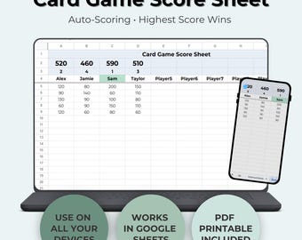 Card Game Score Sheet | Google Sheets & Printable PDF | Score Tracker for Game Night