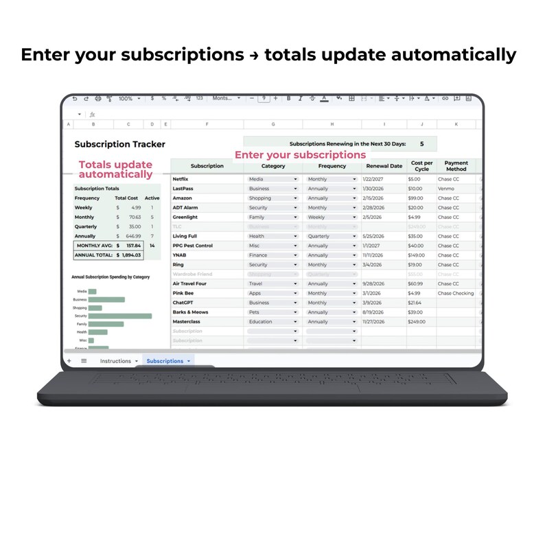 Subscriptions Spreadsheet Subscription Tracker Spreadsheet | Google Sheets | Recurring Bills ...