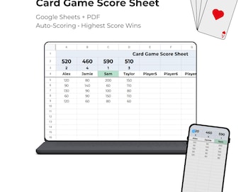 Card Game Score Sheet | Google Sheets & Printable PDF | Multi-Round Score Tracker for Game Night