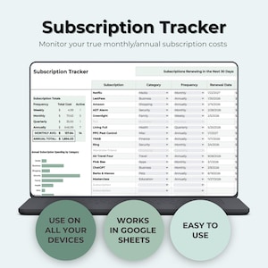 May include: A laptop displays a "Subscription Tracker" spreadsheet, detailing monthly and annual costs. The screen shows subscription names, categories, and renewal dates. The image includes the text "USE ON ALL YOUR DEVICES", "WORKS IN GOOGLE SHEETS", and "EASY TO USE".