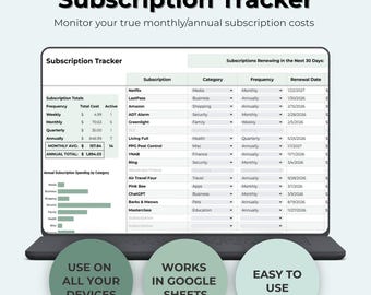 Subscription Tracker Spreadsheet | Google Sheets | Recurring Bills Organizer