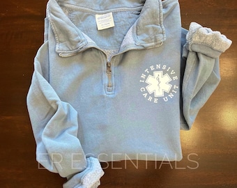 ICU Quarter Zip Sweatshirt: Vintage Style, Loose Fit, ICU Nurse Apparel