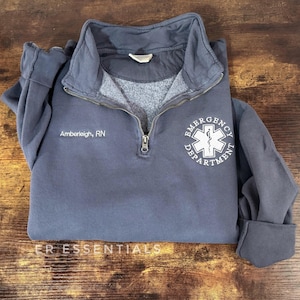 Emergency Department Sweatshirt, Custom Embroidered Emergency Room Sweatshirt, ER Nurse Jacket, custom nurse Quarter Zip, Loose Comfort Fit