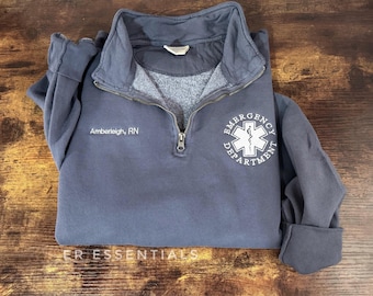 Emergency Department Sweatshirt, Custom Embroidered Emergency Room Sweatshirt, ER Nurse Jacket, custom nurse Quarter Zip, Loose Comfort Fit
