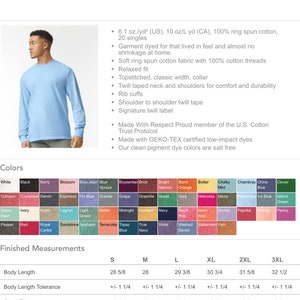 May include: A size chart for long-sleeve shirts with measurements in inches. The chart shows the measurements for different sizes, including body length, body length tolerance, chest tolerance, chest width, and sleeve length. The chart is titled "Finished Measurements" and is on a white background with black text.